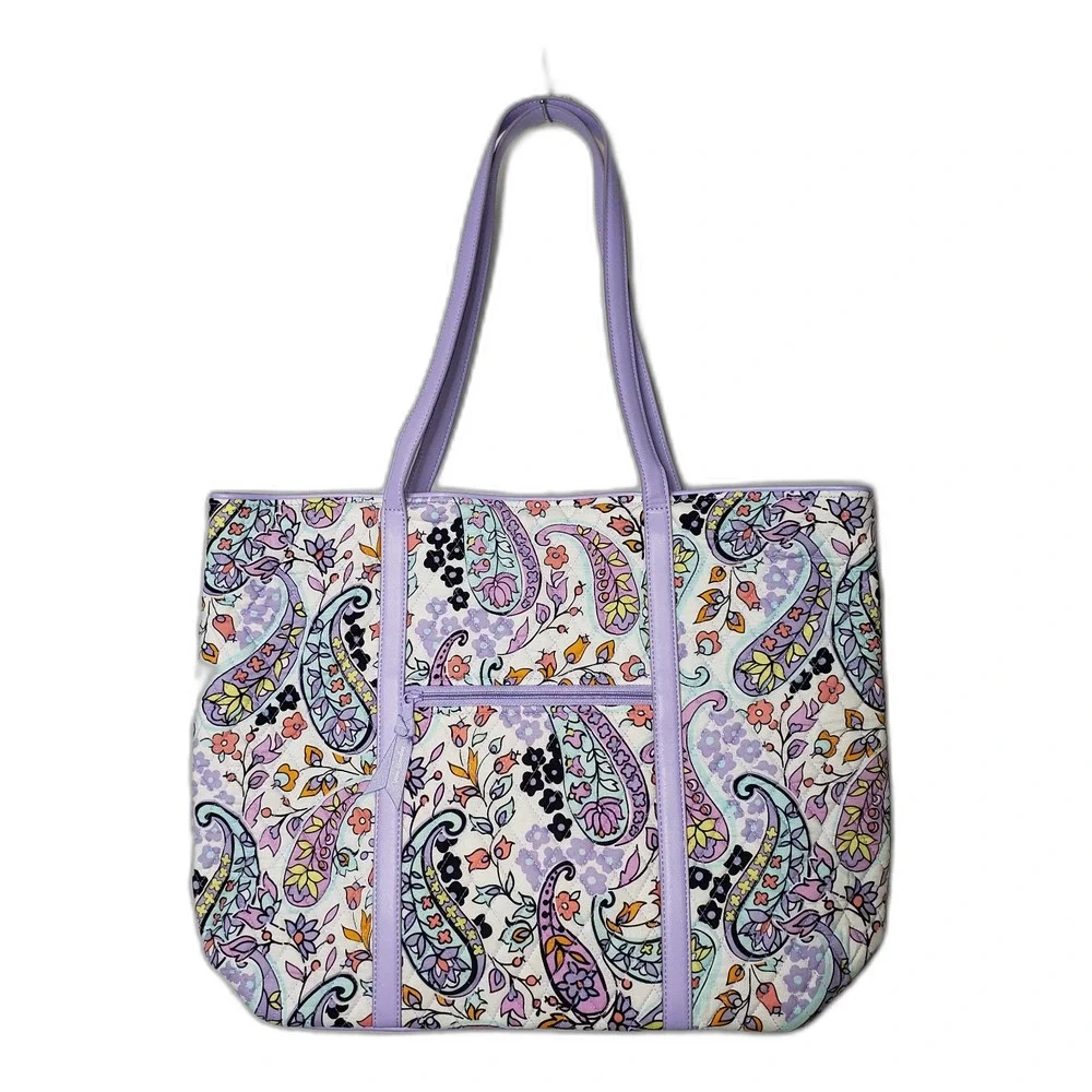 VERA BRADLEY Maddalena Paisley Soft Trimmed Vera Tote Bag White and Purple NEW
